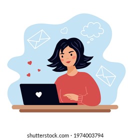 The woman is sitting at the laptop.
A nice girl is looking for a guy on the Internet.
Correspondence on the dating site.
