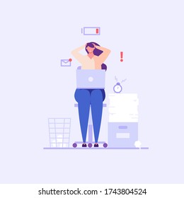 Woman sitting with laptop, no vigor. Concept of tired people, stress and emotional burnout, low energy, frustrated worker, inefficiency. Vector illustration in flat design.