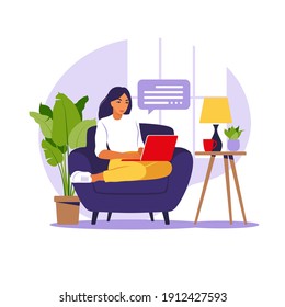 Woman sitting with laptop on armchair. Concept illustration for working, studying, education, work from home. Flat. Vector illustration.