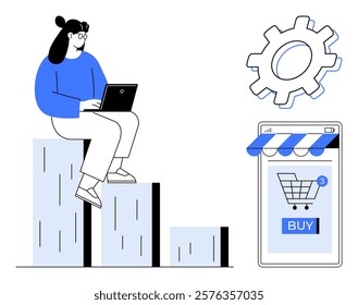 Woman sitting with laptop on bar chart. Online shopping cart with goods counter and purchase button. Ideal for e-commerce, digital marketing, business growth, technology, and online shopping. Simple