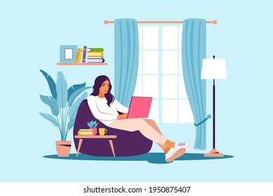 Woman sitting with laptop on bean bag chair. Concept illustration for working, studying, education, work from home. Flat. Vector illustration.