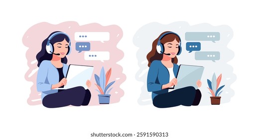 Woman sitting with laptop on bean bag chair. Concept illustration for working, studying, education, work from home. Flat. Vector illustration