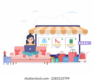 woman sitting with laptop on couch and view, choose, buying fashion items on online store, concept of Online clothing stor