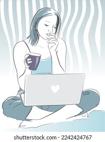 Woman sitting with a laptop on her lap. The girl is doing remote work or resting. Start of the day with coffee and internet scrolling. Home office clipart.