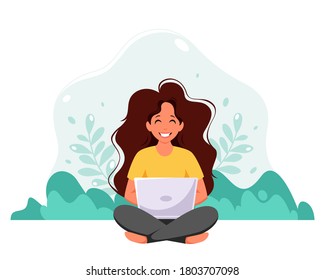 Woman sitting with laptop on nature background. Freelance, online studying, work from home concept. Vector illustration in flat style.