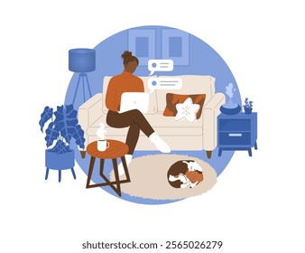 Woman sitting with laptop on sofa in living room. Dog sleeping on carpet. Cozy online communication from home. Remote work or study. Vector illustration isolated on transparent background.