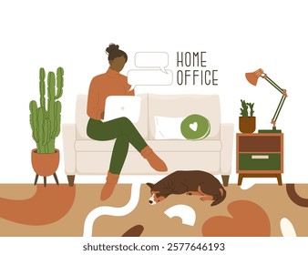 Woman sitting with laptop on sofa in living room. Dog sleeping on carpet. Cozy home office of freelancer. Online learning. Vector illustration isolated on transparent background.