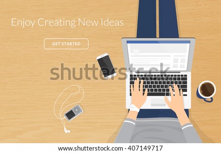 Woman sitting with laptop on the wooden floor and working, hands typing a message in social networks. Vector illustration top view of people work or relax at home using computer