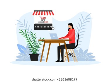 Woman sitting at a laptop, online shopping on the screen online shopping, E-shop. Digital store.