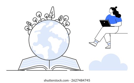 Woman sitting with laptop, open book with globe and tree branches sprouting from it. Ideal for education, online learning, environment, sustainability, information sharing, global studies