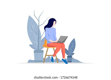 A woman sitting with a laptop in the park. Flat illustration vector.