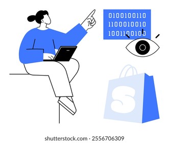 Woman sitting with a laptop points towards binary code while an eye graphic and shopping bag are visible. Ideal for technology, e-commerce, internet security, data analysis, and online shopping