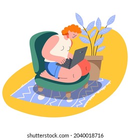 Woman is sitting with a laptop. Remote work from home. Freelancer. Light-skinned person with red hair. Isolated minimalistic flat style cute cartoon illustration 