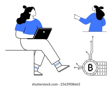 Woman sitting with laptop and same woman pointing beside a Bitcoin symbol. Ideal for technology, finance, cryptocurrency, blockchain, and business. Modern, minimalistic, flat style