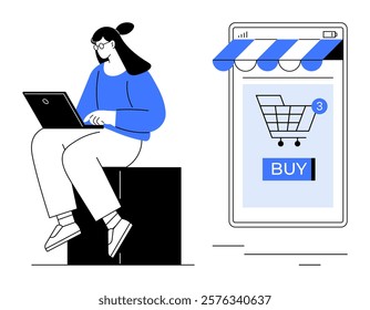 Woman sitting with laptop, shopping on mobile device with a shopping cart and buy button. Ideal for online shopping, e-commerce, digital marketing, mobile shopping, and technology themes. Simple