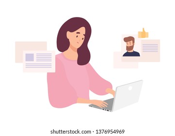 Woman sitting at laptop and using website for dating or searching for love or romantic partner on internet. Cute smiling girl trying to find boyfriend online. Flat cartoon vector illustration.