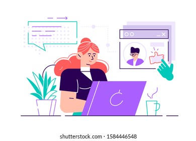 Woman sitting at laptop and using website for dating or searching for love or romantic partner on internet. Cute smiling girl trying to find boyfriend online. Flat style cartoon vector illustration.