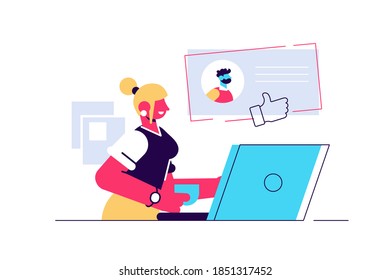 Woman sitting at laptop and using website for dating or searching for love or romantic partner on internet. Cute smiling girl trying to find boyfriend online. Flat cartoon vector illustration.