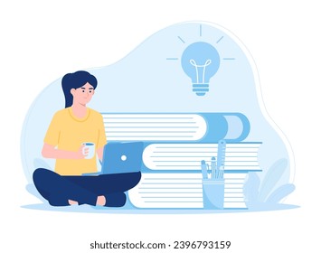mujer sentada con portátil mientras bebe .concepto de educación en línea concepto de aprendizaje a distancia concepto de tendencia ilustración plana