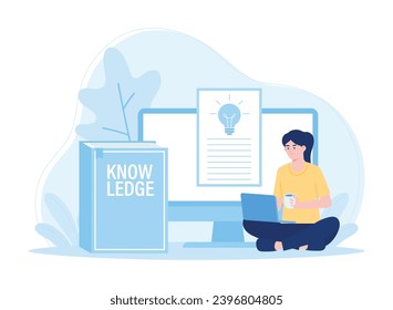 woman sitting with laptop while drinking .online education concept  distance learning trending concept flat illustration