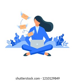 Woman sitting with laptop and winged letters flying out from it. Concept for e-mail marketing, business correspondence, communication by exchanging letters. Flat design colorful vector illustration