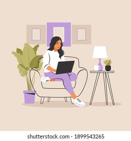 Woman sitting with laptop. Working on a computer. Freelance, online education or social media concept. Studying concept. Flat style.