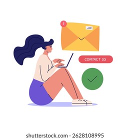 Mulher sentada com laptop e escrevendo e-mail. Entre em contato conosco. Conceito de suporte online, suporte ao cliente, marketing por email. Ilustração vetorial para interface do usuário, banner da Web, aplicativo móvel