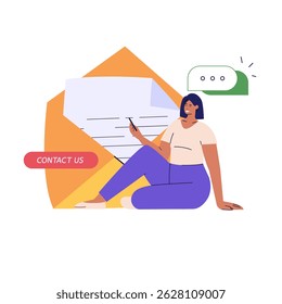 Woman sitting with laptop and writing mail. Contact us banner. Concept of online support, customer support, email marketing. Vector illustration for UI, web banner, mobile app