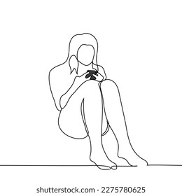 woman sitting leaning back against the wall holding phone and both hands and legs bent at the knees    one line drawing vector  the concept internet addiction  phone addiction