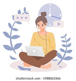 woman sitting listening lesson with laptop concept of online learning, e-learning, self-education, flat vector illustration 
