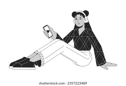 Woman sitting and listening to music flat line black white vector character. Editable outline full body person. Lady in headphones simple cartoon isolated spot illustration for web graphic design