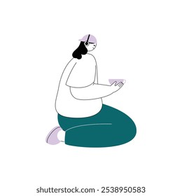 Woman sitting listening to music and holding cup, people activity vector illustration.