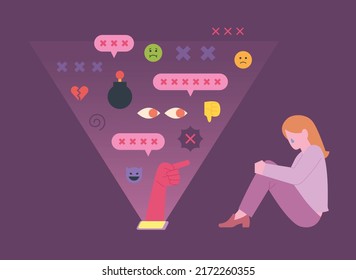 A woman is sitting lonely on the floor. Bad messages from social networks are pouring out of her cell phone. flat design style vector illustration.