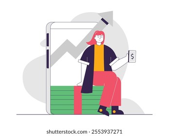 Woman sitting looking at increasing profit while investing in mobile phone apps. Character design. Vector flat illustration