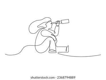 Woman sitting and looking into telescope. Girl looking forward. Future vision. Continuous line drawing.