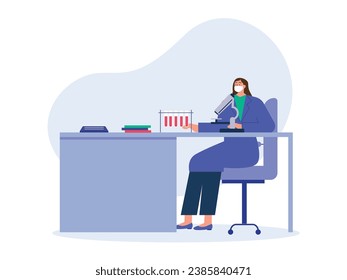 Woman sitting and looking at a microscope in a lab with a mask on, college student project. Character design. Vector flat illustration