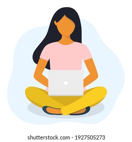 Woman sitting in lotos pose working on a laptop. Online learning, studying,  homework concept. Flat style vector illustration.