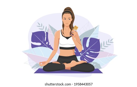 Woman sitting in lotus pose is holding a protein bar. Purple leaf in the background. Carpet on the floor. Concept of dieting and healthy nutrition. Vector graphic illustration