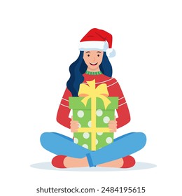 Woman Sitting Lotus Pose Holding Gift Box. Cross Legged female Character with Christmas Present. Happy New Year Decoration. New Year and Xmas Celebration. Vector illustration in flat style