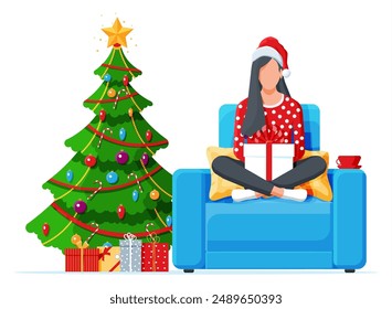 Woman Sitting Lotus Pose Holding Gift Box. Cross Legged Female Character with Christmas Present and Tree. Happy New Year Decoration. Merry Christmas Holiday. Xmas Celebration. Flat Vector Illustration