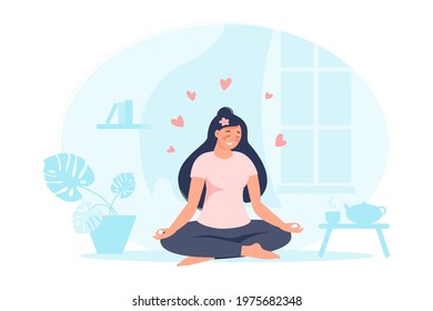 Woman sitting in lotus pose at home with plant, teapot, books, hearts. Female practicing yoga. Vector flat illustration. Concept of self care and healthy lifestyle for banner, landing page, card