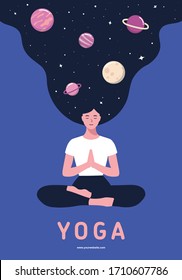 Woman sitting in lotus pose. International yoga day. Asana and meditate. Night starry sky and moon in hair. Space, Universal harmony. Banner, Poster. Flat design cartoon style. Vector illustration.