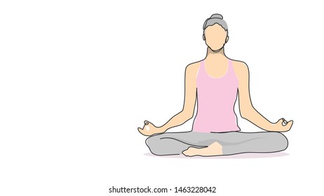 woman sitting in lotus pose meditating yoga meditation single line bad drawing with water color efect flat style illustration