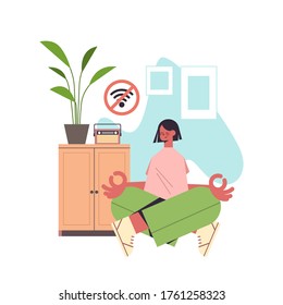 woman sitting lotus pose and meditating digital detox offline activities concept girl spending time without gadgets abandoning internet social networks full length vector illustration