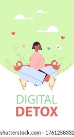 woman sitting lotus pose and meditating digital detox offline activities concept girl spending time without gadgets abandoning internet social networks full length vertical vector illustration