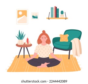 Mujer sentada en loto posando y meditando en casa. Atención de salud mental, relajación, recreación, práctica de yoga. La decoración es sobria y el mobiliario moderno. Ilustración vectorial dibujada por mano