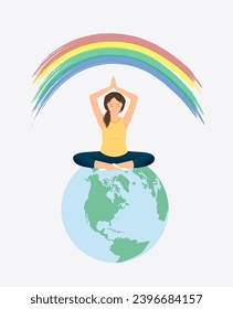 Woman sitting in lotus pose, meditating, mental health concept, life balance, harmony concept, flat vector illustration