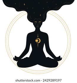 Mujer sentada en pose de loto y meditando en círculo dorado. Arte celestial y mágico. Ilustración vectorial