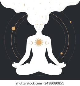 Woman sitting in lotus pose and meditating in golden circle. Celestial magical art. Vector illustration