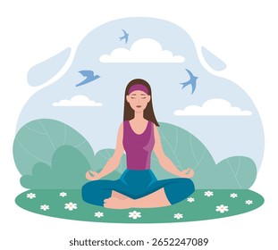 Woman sitting in lotus pose meditating on grass with flowers, surrounded by trees and flying birds under a sunny sky, peaceful nature and mindfulness concept. Vector illustration